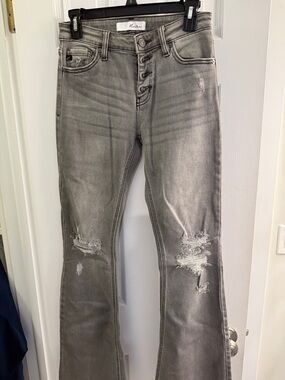 KanCan Gray Distressed Button-Fly Flare Jeans